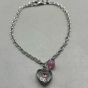 Silver Tone Chain Heart Charm Bracelet with Pink Accents -chic & Romantic